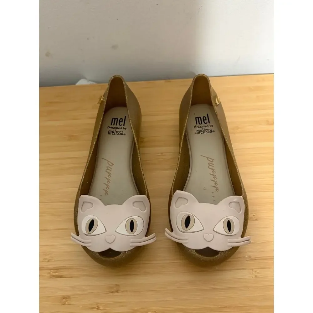 Mel by Melissa Purrfect Cat Glitter Jelly Flats Gold Girls Kids Size 11